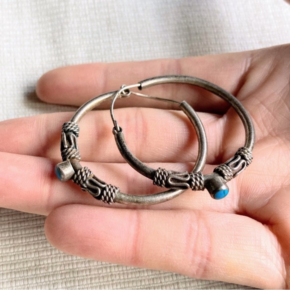 Vintage Large Turquoise Sterling Silver 925 Bali Style Inlay Hoop Post Earrings - Picture 9 of 16